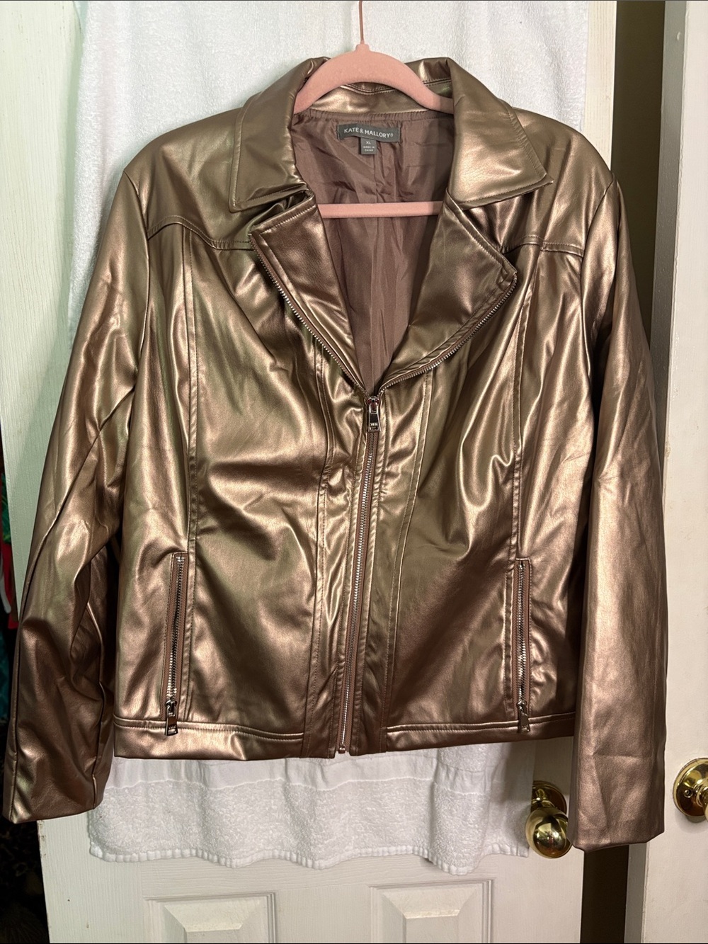 Kate & Mallory Metallic Bronze Zip-Front Faux Leather Jacket